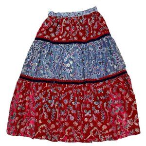 Celia B Sz L Skirt Blue Red Velvet Floral Midi Boho Chic Hippie Prairie Retro